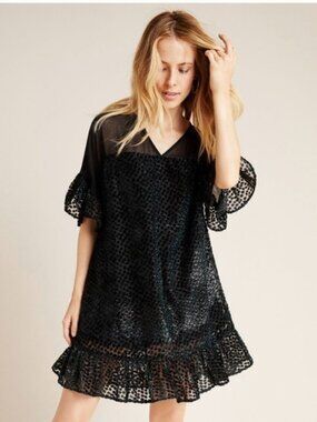 Anthropologie Amadi Black/Green Textured-Dot Mini Dress with Ruffle Size XXS